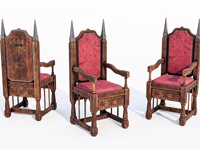 Vintage Style Wooden Armchairs With Red Cushions Carved Details And Spiked Backrests 3d model