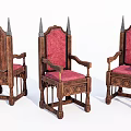 Vintage Style Wooden Armchairs With Red Cushions Carved Details And Spiked Backrests