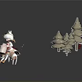 Little Girl In Pink Dress Playing With Lamb Near Christmas Trees