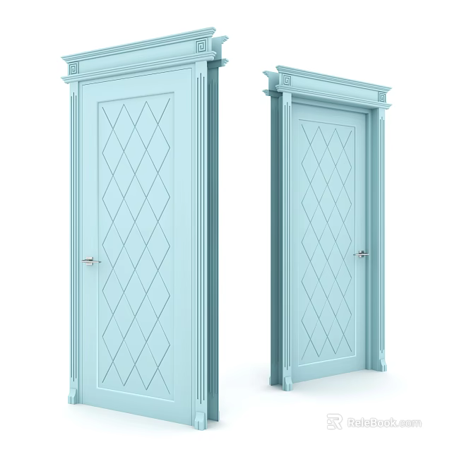 Light Blue Hinged Doors With Diamond Pattern And White Door Frames Open Closed 3d model