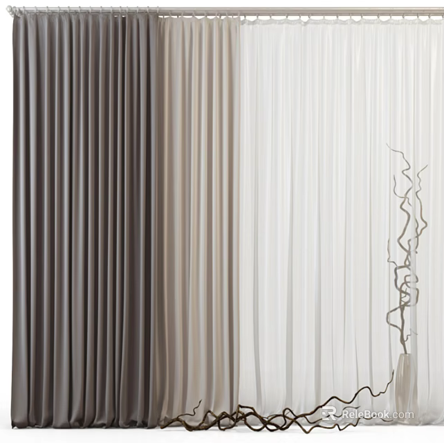 Layered Gradient Color Curtains With Elegant Drapery And Decorative Branch In Modern Room 3d model 