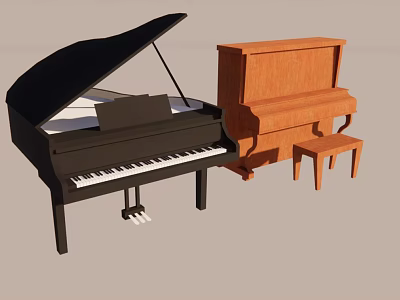 Stylish Musical Instruments Black Grand Piano And Brown Upright Piano With Small Stool 3d model