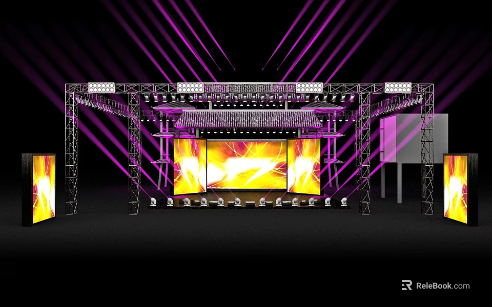 Dance Hall Stage With Purple Laser Lights And Large Screens Showing Flame Patterns 3d model 