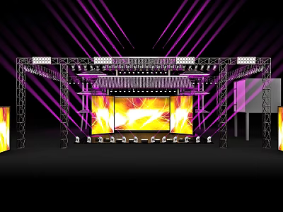 Dance Hall Stage With Purple Laser Lights And Large Screens Showing Flame Patterns 3d model