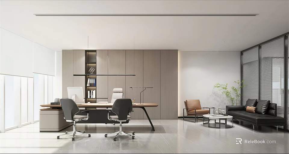 Modern Office Interior Design With Open Workspace Desk Ergonomic Chairs Sofa Bookshelf And Green Plant 3d model 