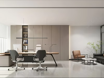 Modern Office Interior Design With Open Workspace Desk Ergonomic Chairs Sofa Bookshelf And Green Plant 3d model