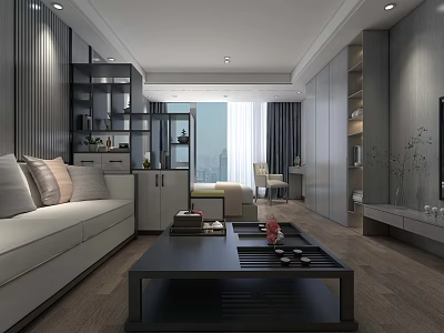 Modern Hotel Guest Room Interior Featuring Sofa Coffee Table Bookshelves Window Curtains And TV 3d model