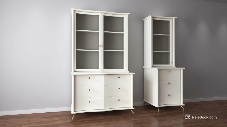 Pair of White Display Cabinets With Glass Doors And Drawers On Gold Legs 3d model 