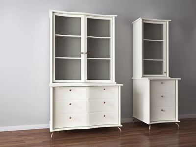 Pair of White Display Cabinets With Glass Doors And Drawers On Gold Legs 3d model