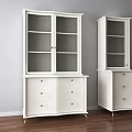 Pair of White Display Cabinets With Glass Doors And Drawers On Gold Legs