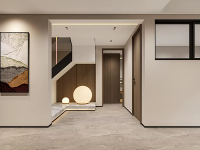 Modern Basement Interior With Corridor Staircase Decorative Painting And Soft Lighting 3d model