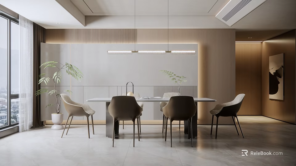 Elegant Modern Restaurant Interior With Dining Table Chairs Pendant Lights And Green Plants 3d model 