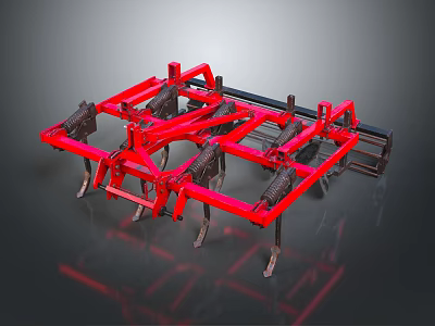 Red Metal Frame Agricultural Cultivator With Multiple Spring Loaded Tines And Farming Components 3d model