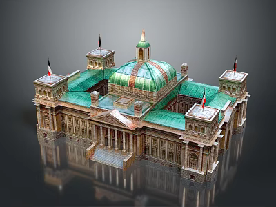 Classical Architecture With Green Gold Dome Red Flags Stone Columns And Symmetrical Steps 3d model
