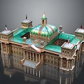 Classical Architecture With Green Gold Dome Red Flags Stone Columns And Symmetrical Steps 3d model