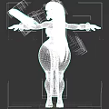 3D Female Character With Long Black Hair White Top Beige Outfit Blue Bracelets Arms Outstretched