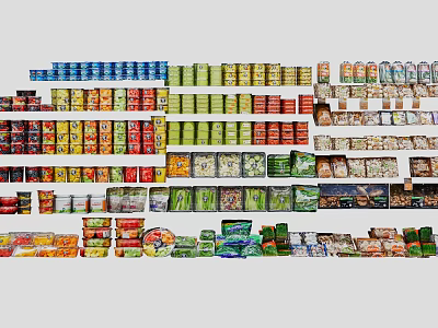 Various Packaged Household Supplies On Shelves With Colorful Containers And Diverse Sizes 3d model