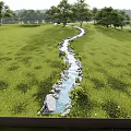 Scenic Microtopography Featuring Green Grass Trees Small Stream Stones And Distant Hills