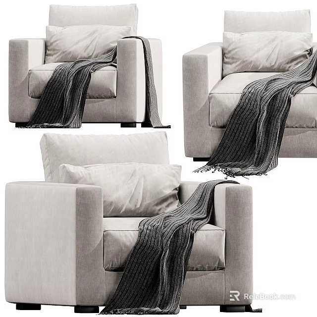 Modern Cozy Single Sofa With Soft Gray Fabric And Knitted Throw Blanket 3d model
