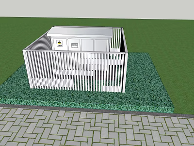 Industrial Equipment Enclosed by White Fence With Warning Sign on Green Lawn and Brick Pavement 3d model