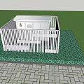 Industrial Equipment Enclosed by White Fence With Warning Sign on Green Lawn and Brick Pavement
