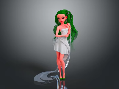 Game Movie Character With Green Long Hair White Dress Flowing Ribbon And Green High Heels 3d model