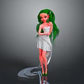 Game Movie Character With Green Long Hair White Dress Flowing Ribbon And Green High Heels