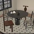 Round Dining Table Set With Chairs On Checkered Rug And Window Blinds 3d model