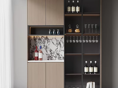 Modern Home Bar Cabinet With Wine Bottles Glasses And Marble Backdrop And Wooden Storage Shelves 3d model