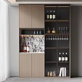 Modern Home Bar Cabinet With Wine Bottles Glasses And Marble Backdrop And Wooden Storage Shelves