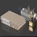 Office Desk Decorative Accessories Set Including Stacked White Binders Scissors Paintbrushes And Metal Pen Holder