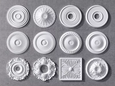 Decorative Ceiling Medallions With Various Circular And Square Patterns In White 3d model