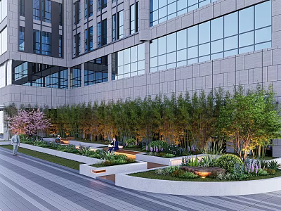 Modern Office Building Exterior Landscape With Large Glass Windows Green Plants Lawn And Lighting Accents 3d model