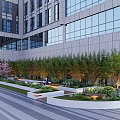 Modern Office Building Exterior Landscape With Large Glass Windows Green Plants Lawn And Lighting Accents