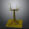 Golden Decorative Tree with Intricate Branches and Roots on Square Base Against Gray Background