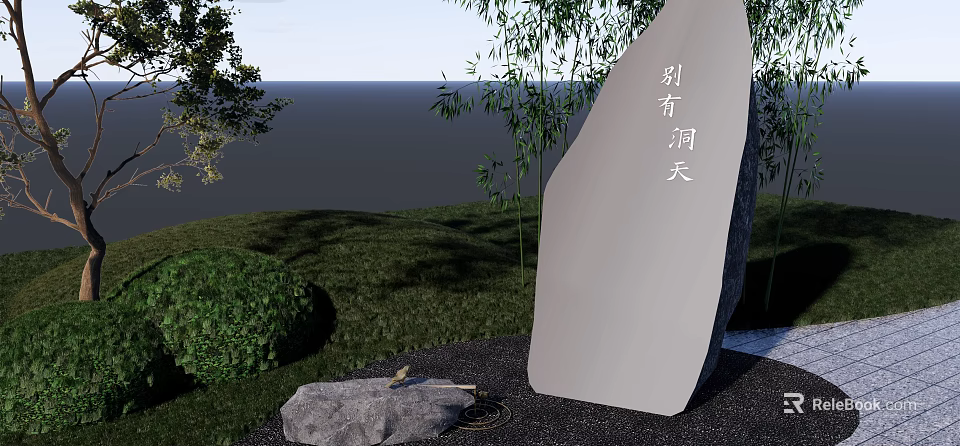 Natural Stone and Wood Landscape Design with Bamboo Grass and Water View 3d model 