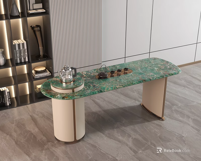 Modern Tea Table with Green Marble Top White Cylindrical Legs and Gold Trim 3d model 