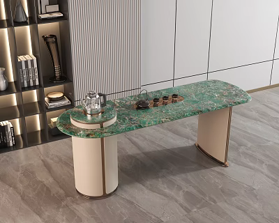 Modern Tea Table with Green Marble Top White Cylindrical Legs and Gold Trim 3d model
