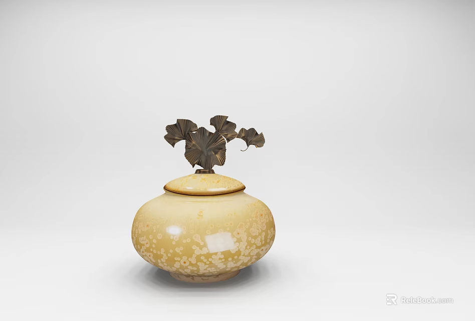 Beige Textured Ceramic Jar With Metal Ginkgo Leaf Lid Decoration 3d model 