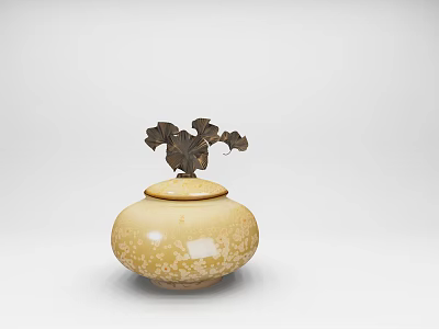 Beige Textured Ceramic Jar With Metal Ginkgo Leaf Lid Decoration 3d model