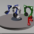Colorful Electronic Headphones in Blue White Green with Black Earcups on Round Display Stand