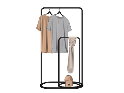 Black Metal Clothes Rack with Light Brown Gray T-shirts Scarf and Hat for 3d model