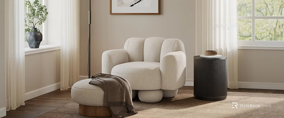 Beige Cozy Sofa Set with Ottoman Brown Throw Blanket and Floor Lamp 3d model 