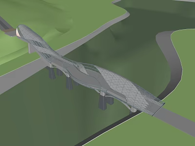 Modern Curved Bridge Design With Mesh Structure Over Green Valley And Roads 3d model