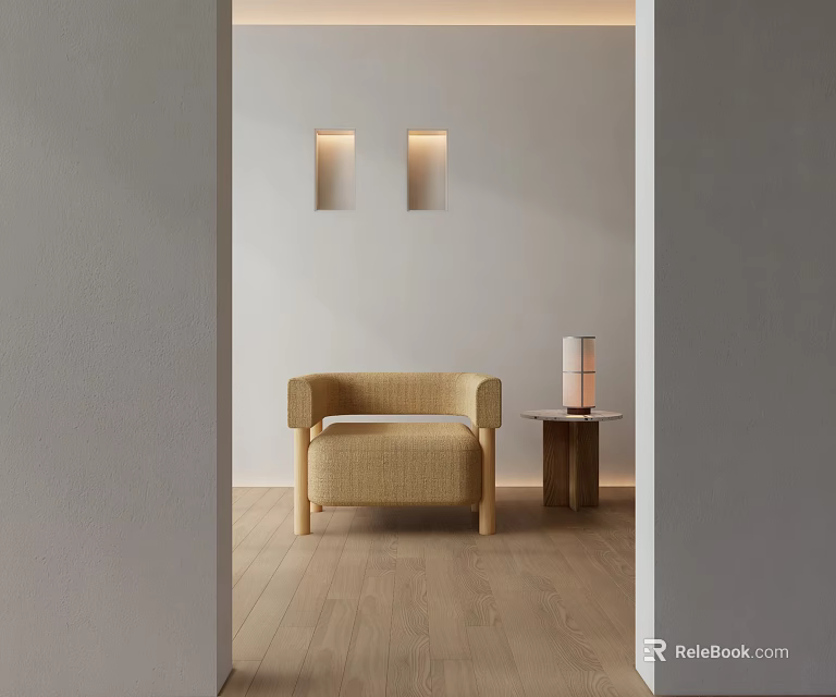 Modern Single Sofa With Side Table Lamp And Recessed Lights On White Wooden Floor 3d model 