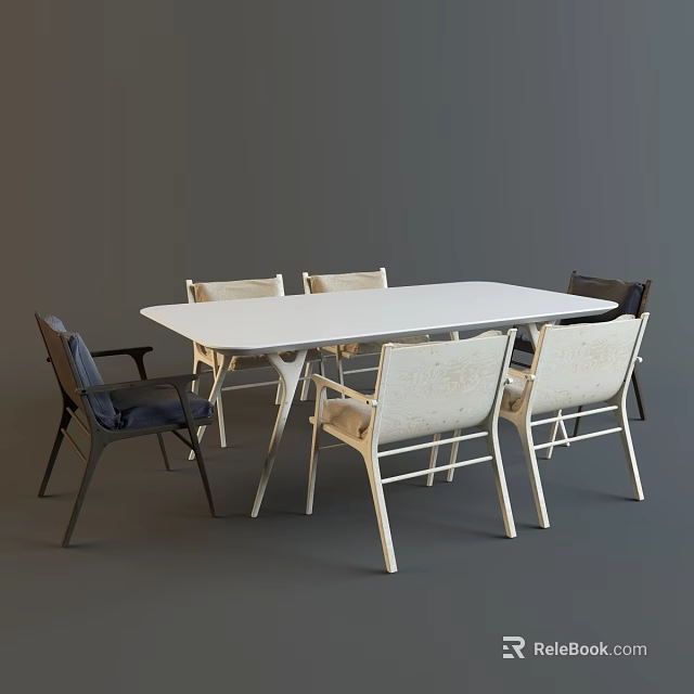 White Rectangular Dining Table Set With Various Designed Chairs And Wooden Frames 3d model
