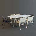 White Rectangular Dining Table Set With Various Designed Chairs And Wooden Frames 3d model