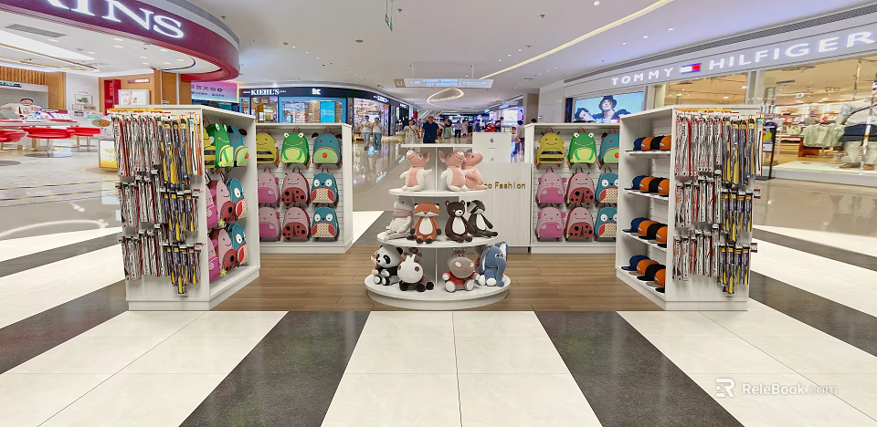 Specialty Store With Colorful Backpacks Plush Toys On Display Shelves And Round Stand 3d model 