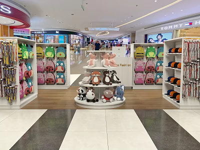 Specialty Store With Colorful Backpacks Plush Toys On Display Shelves And Round Stand 3d model