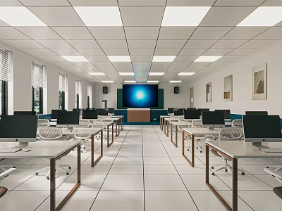 School Classroom Interior With Computers Desks Large Screen Windows And Lighting 3d model